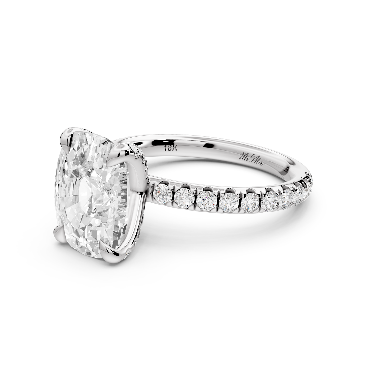 Elissa - 3ct platinum Ecushion Classic Solitaire Engagement Ring with Shared-Prong Pavé Band