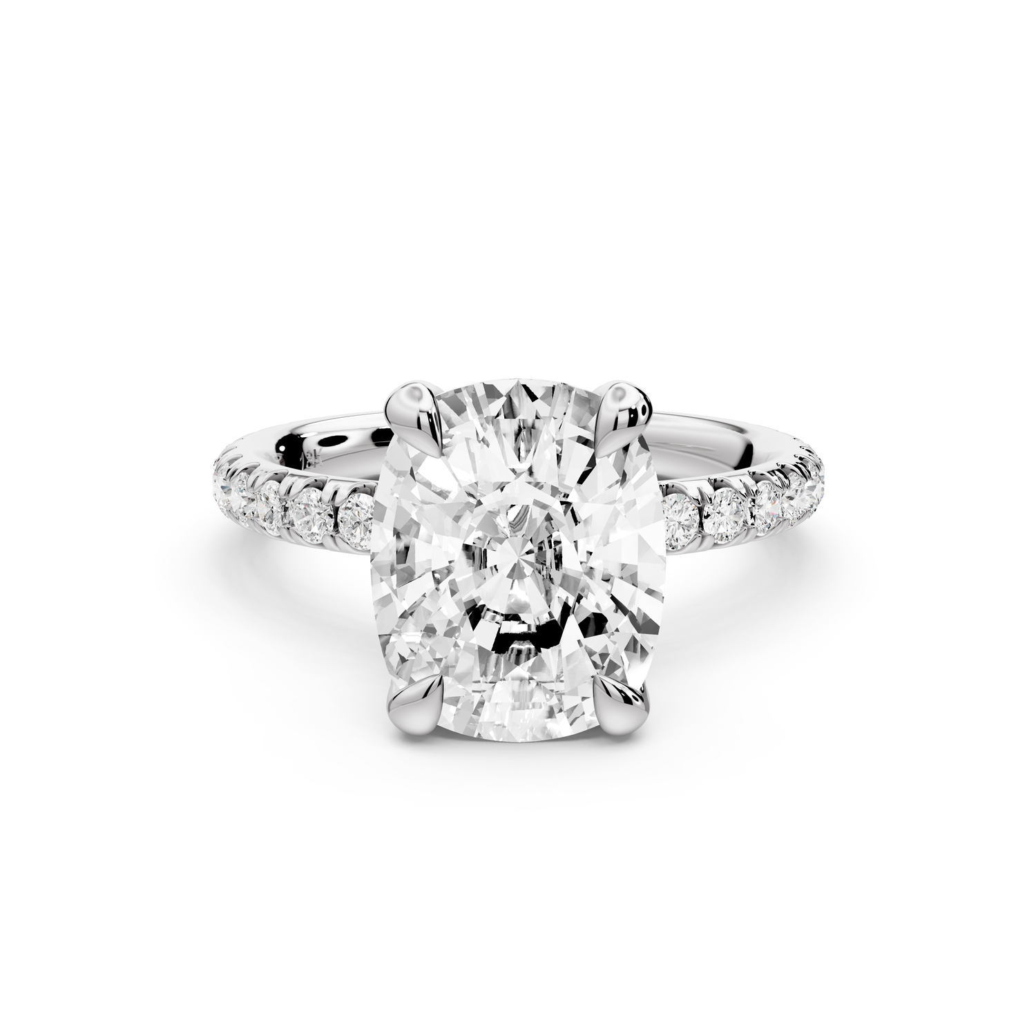 Elissa - 3ct platinum Ecushion Classic Solitaire Engagement Ring with Shared-Prong Pavé Band