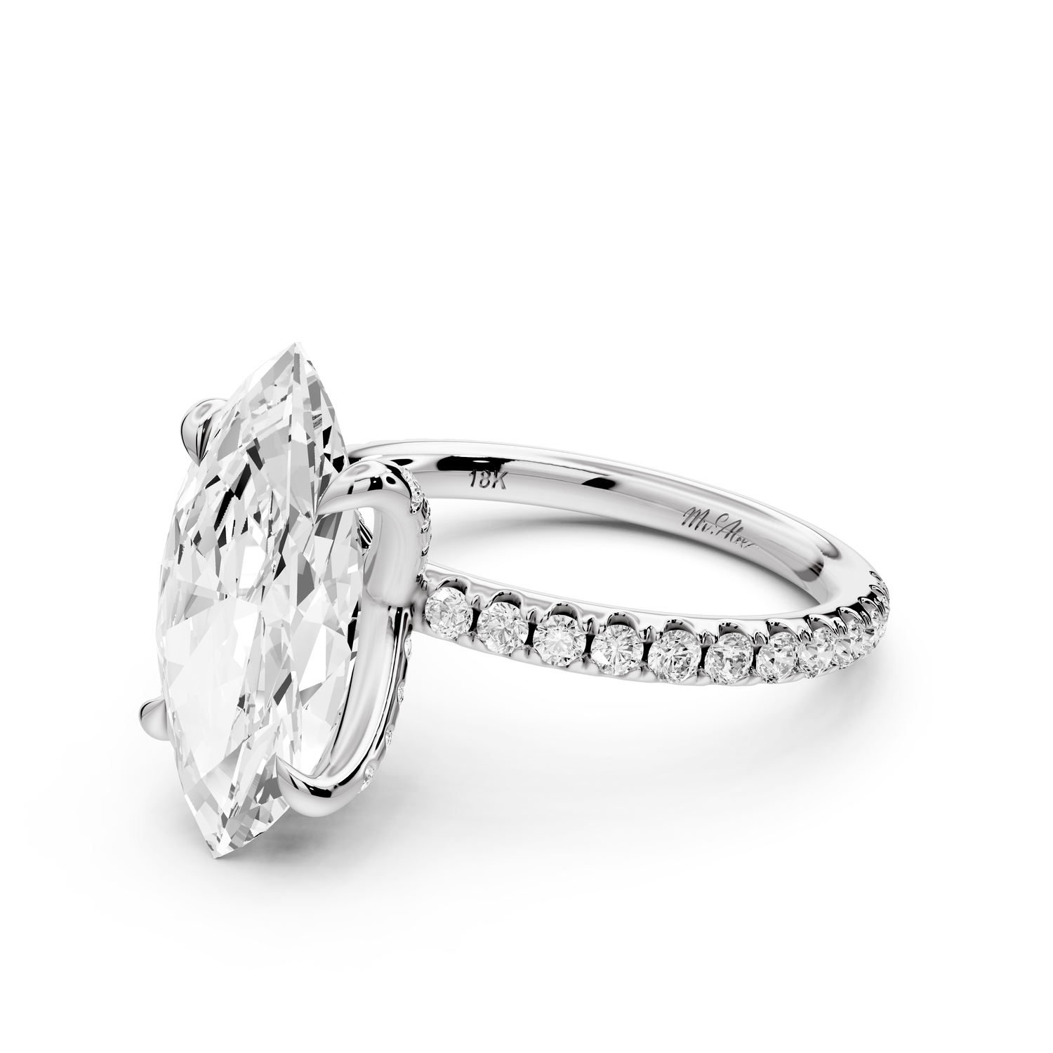 Elissa - 3ct platinum Marquise Classic Solitaire Engagement Ring with Shared-Prong Pavé Band