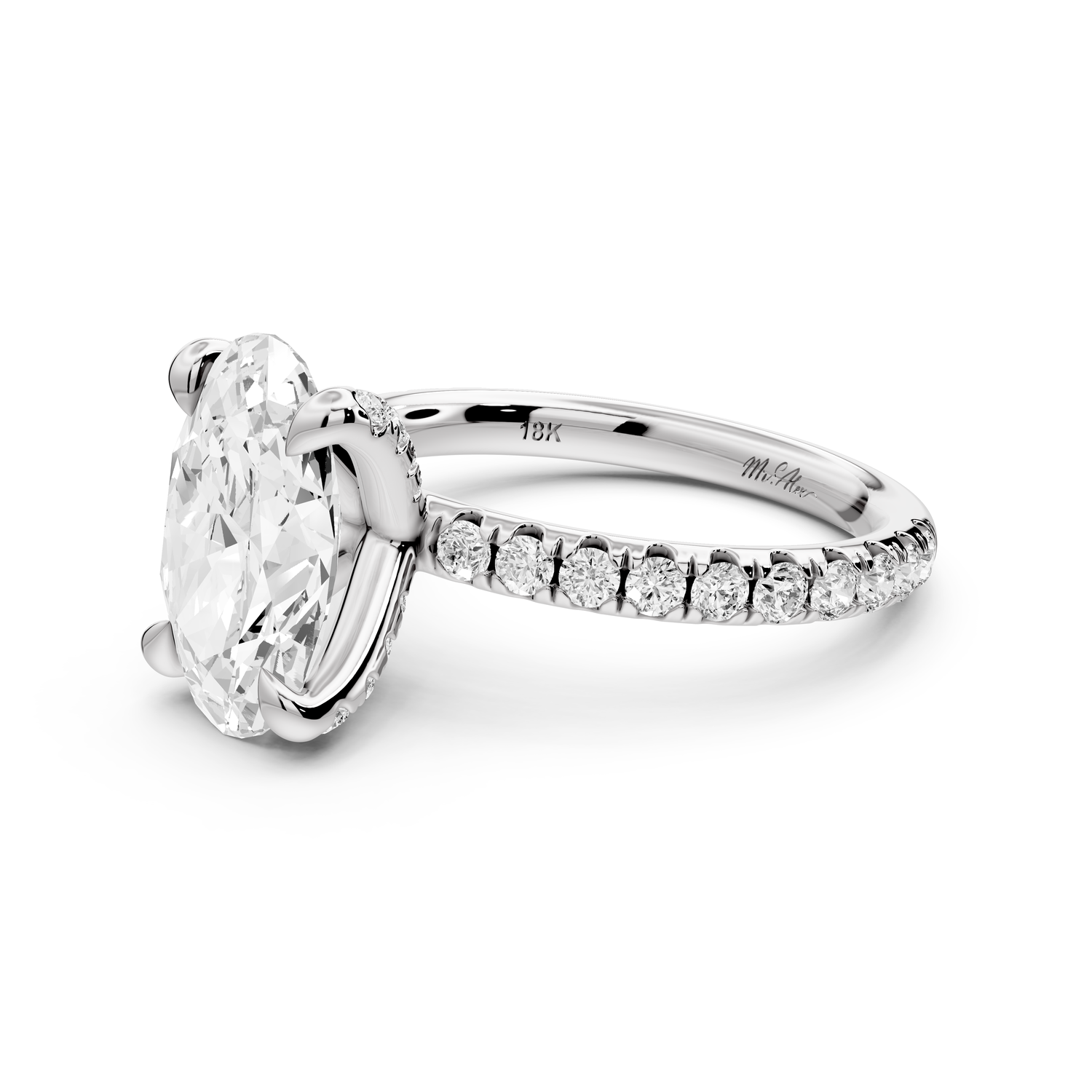 Elissa - 3ct platinum Oval Classic Solitaire Engagement Ring with Shared-Prong Pavé Band