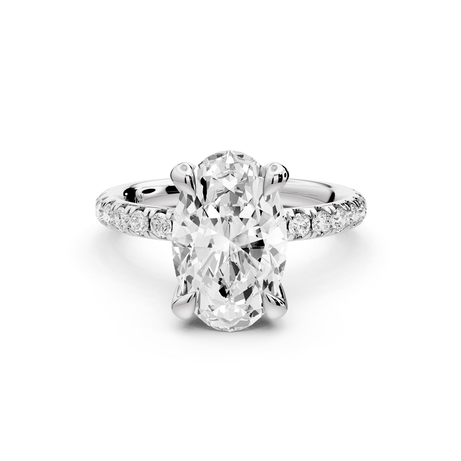 Elissa - 3ct platinum Oval Classic Solitaire Engagement Ring with Shared-Prong Pavé Band