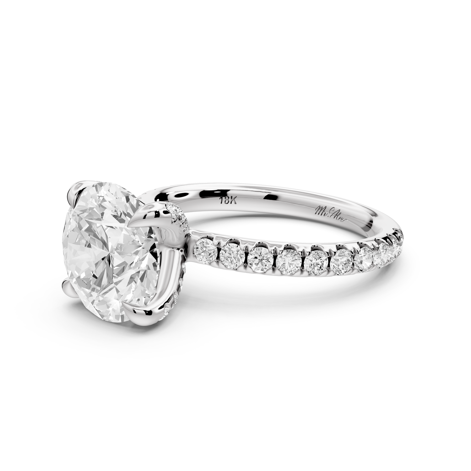 Elissa - 3ct platinum Round Classic Solitaire Engagement Ring with Shared-Prong Pavé Band