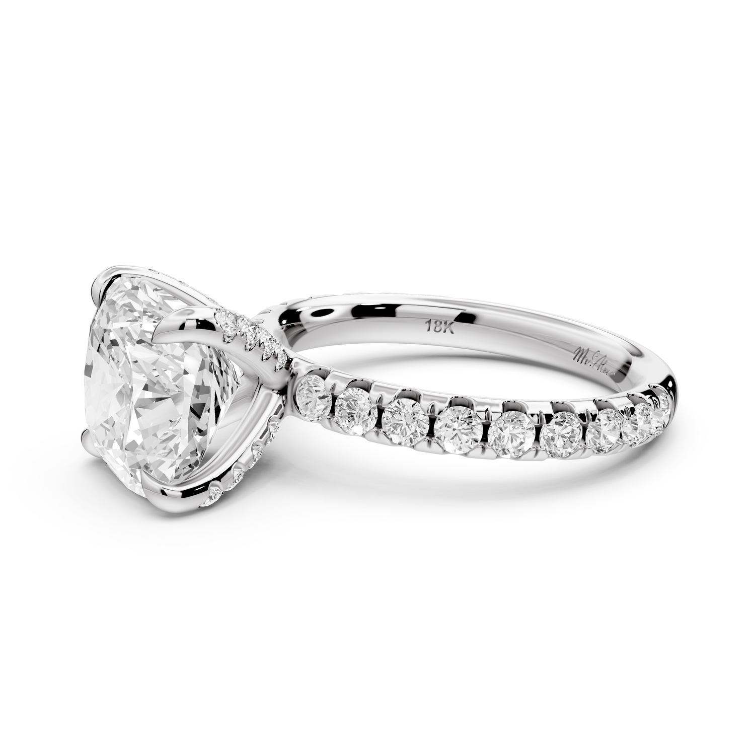 Elissa - 4ct platinum Cushion Classic Solitaire Engagement Ring with Shared-Prong Pavé Band
