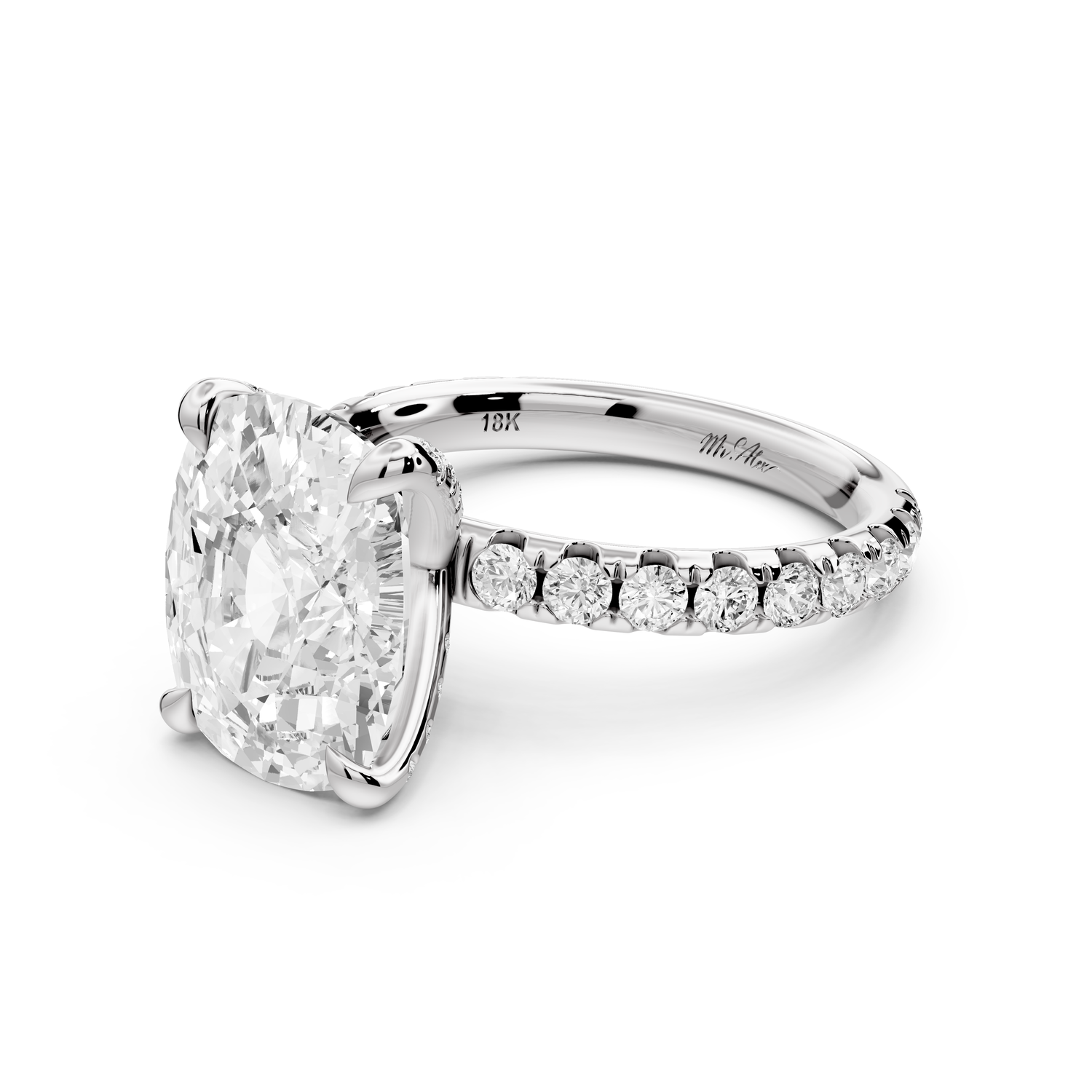Elissa - 4ct platinum Ecushion Classic Solitaire Engagement Ring with Shared-Prong Pavé Band