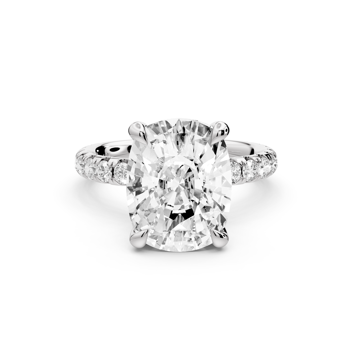 Elissa - 4ct platinum Ecushion Classic Solitaire Engagement Ring with Shared-Prong Pavé Band