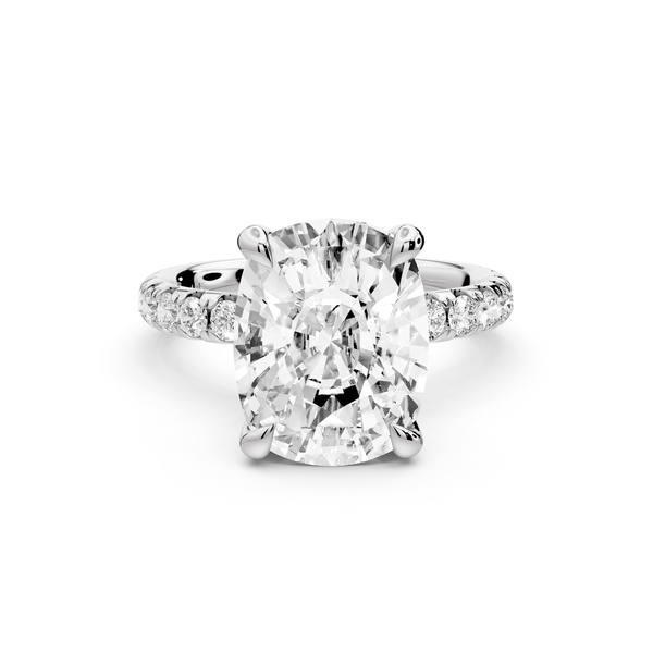 Elissa - 4ct platinum Ecushion Classic Solitaire Engagement Ring with Shared-Prong Pavé Band