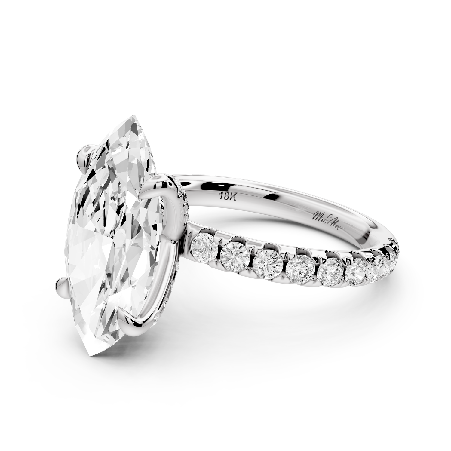 Elissa - 4ct platinum Marquise Classic Solitaire Engagement Ring with Shared-Prong Pavé Band