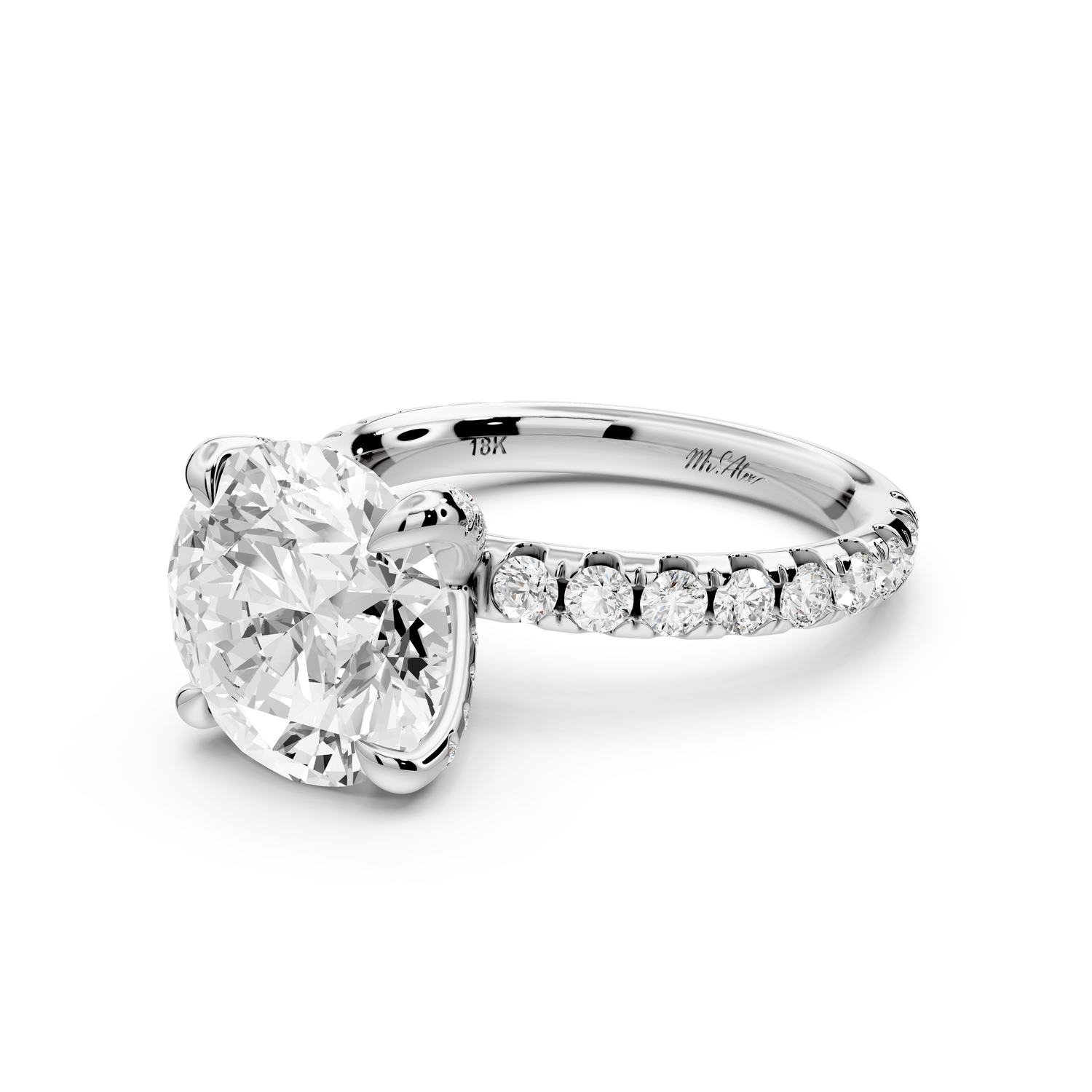 Elissa - 4ct platinum Round Classic Solitaire Engagement Ring with Shared-Prong Pavé Band