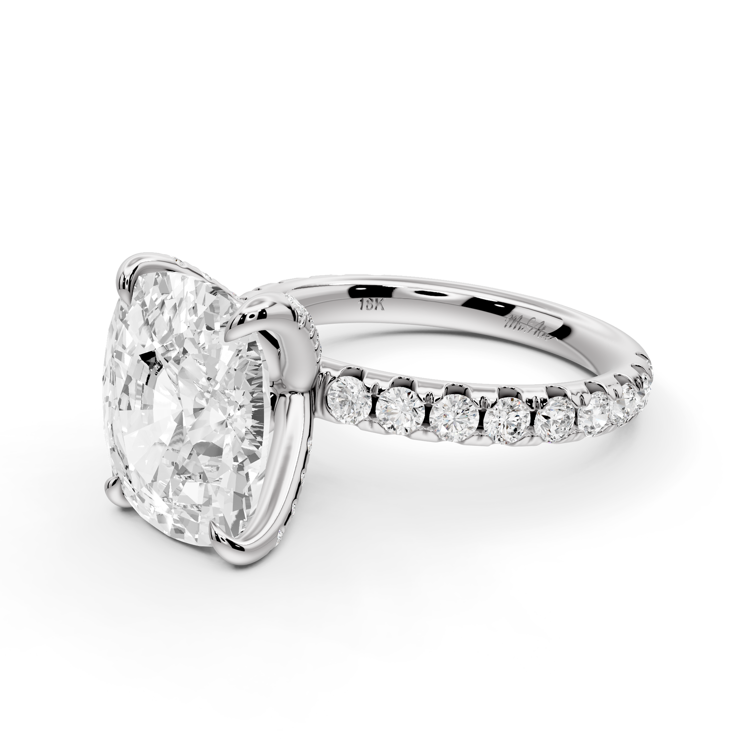Elissa - 5ct platinum Ecushion Classic Solitaire Engagement Ring with Shared-Prong Pavé Band