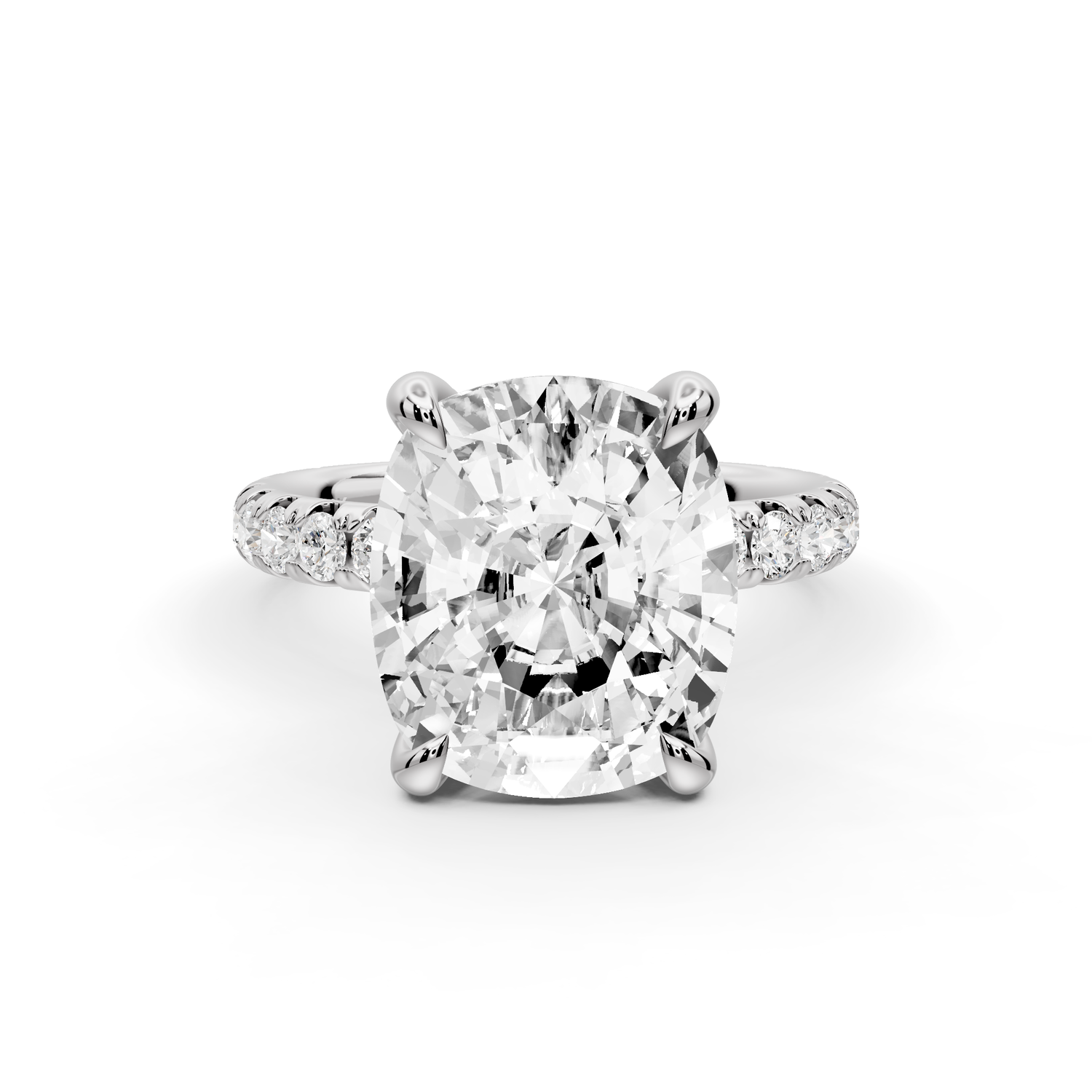 Elissa - 5ct platinum Ecushion Classic Solitaire Engagement Ring with Shared-Prong Pavé Band