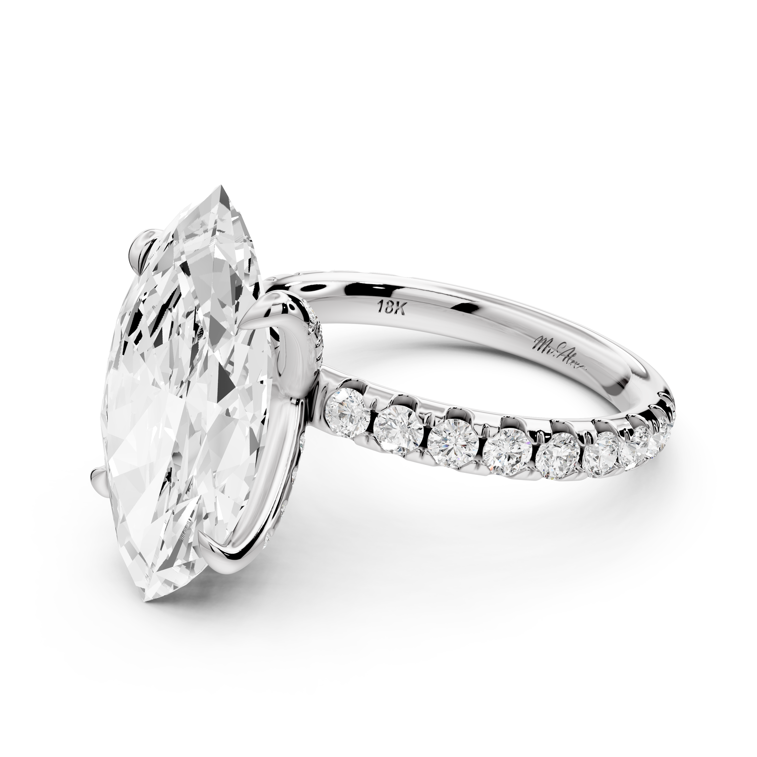 Elissa - 5ct platinum Marquise Classic Solitaire Engagement Ring with Shared-Prong Pavé Band
