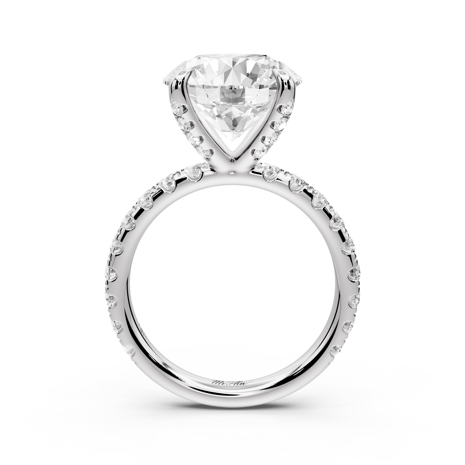 Elissa - 5ct platinum Round Classic Solitaire Engagement Ring with Shared-Prong Pavé Band