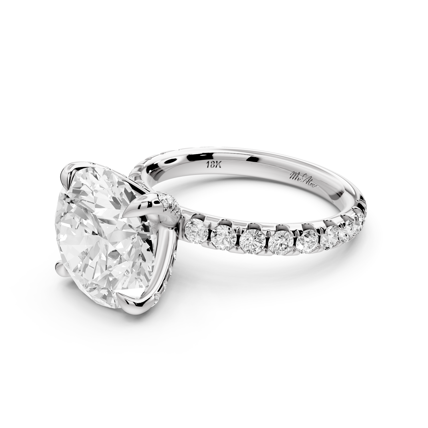 Elissa - 5ct platinum Round Classic Solitaire Engagement Ring with Shared-Prong Pavé Band