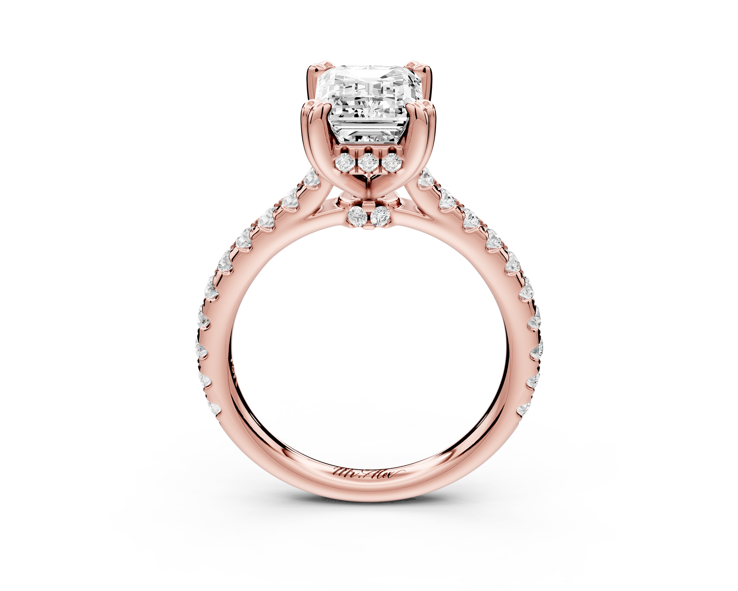 Isabella - 2ct 14k rose gold emerald hidden halo diamond bridge cathedral Pavé Engagement ring