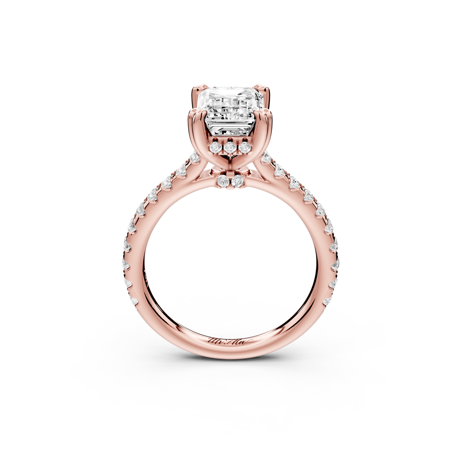 Isabella - 2ct 14k rose gold emerald hidden halo diamond bridge cathedral Pavé Engagement ring