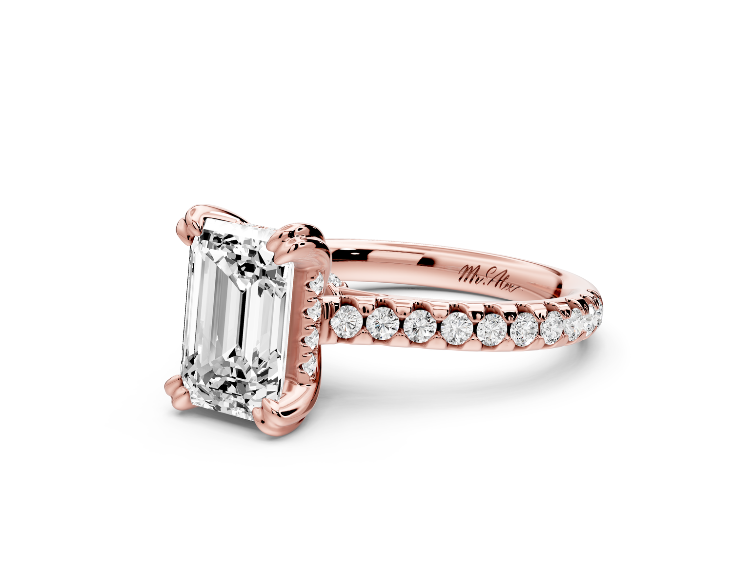 Isabella - 2ct 14k rose gold emerald hidden halo diamond bridge cathedral Pavé Engagement ring