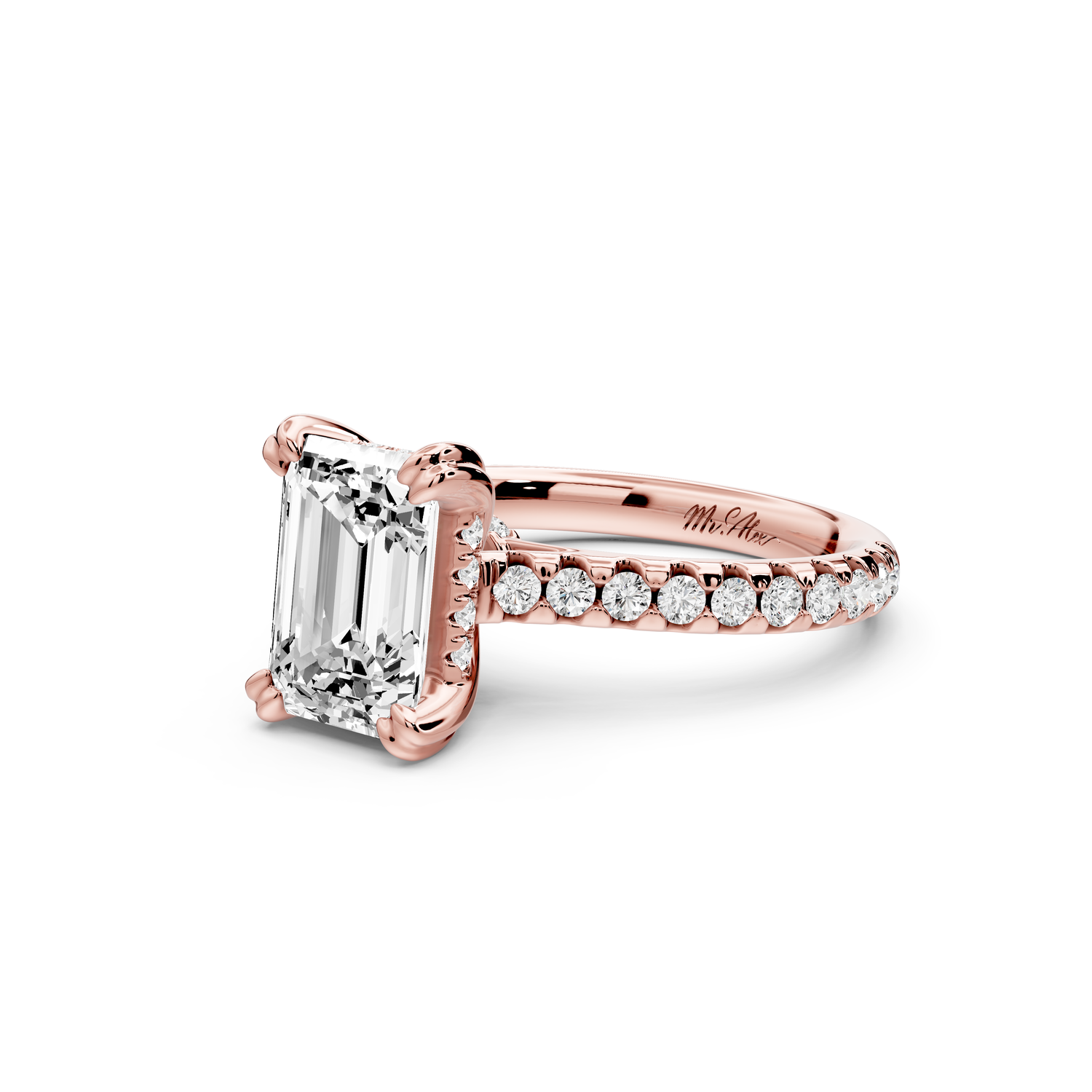 Isabella - 2ct 14k rose gold emerald hidden halo diamond bridge cathedral Pavé Engagement ring