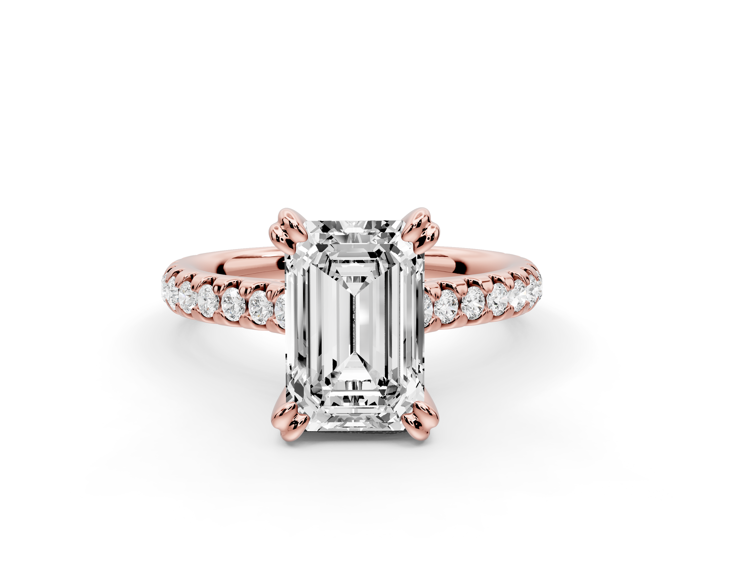 Isabella - 2ct 14k rose gold emerald hidden halo diamond bridge cathedral Pavé Engagement ring