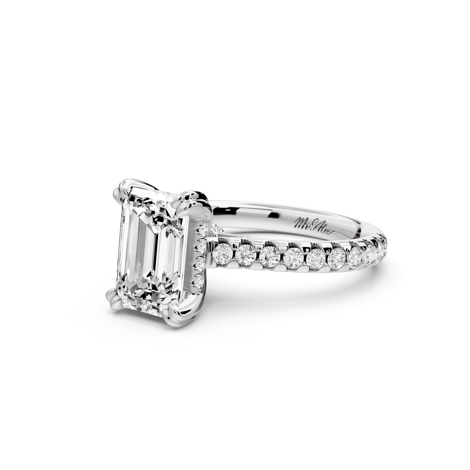 Isabella - 2ct 14k white gold emerald hidden halo diamond bridge cathedral Pavé Engagement ring