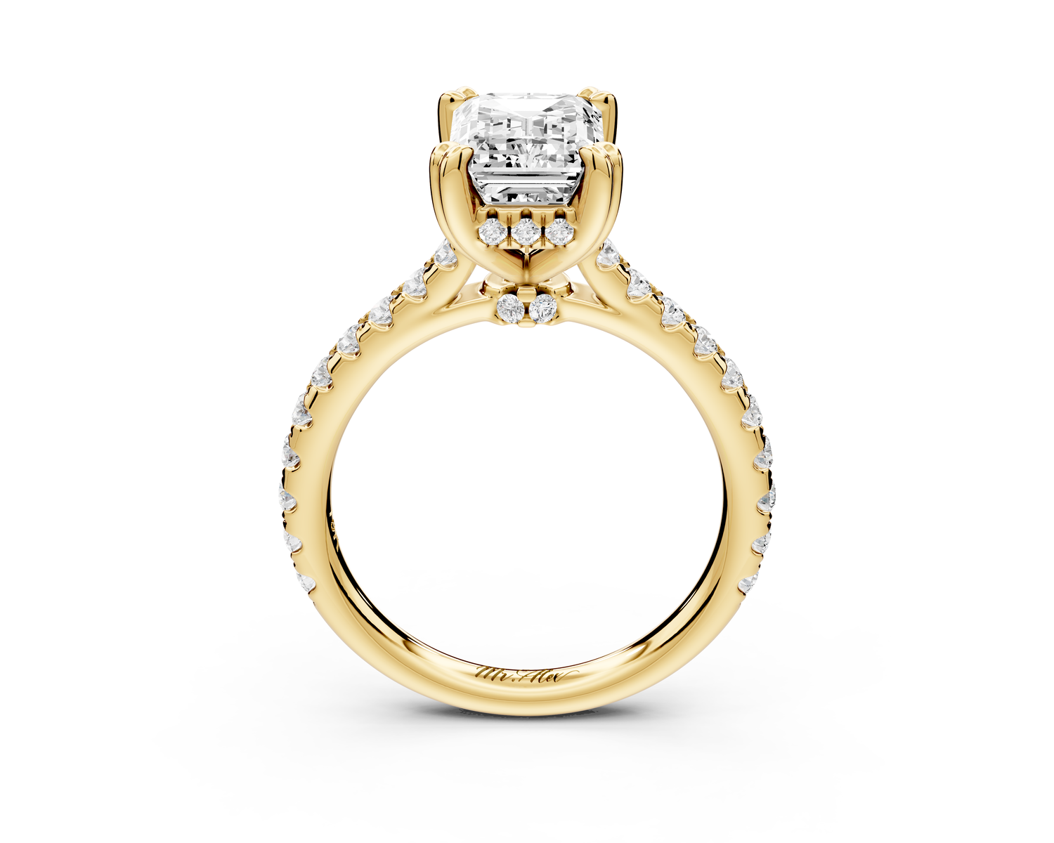 Isabella - 2ct 14k yellow gold emerald hidden halo diamond bridge cathedral Pavé Engagement ring