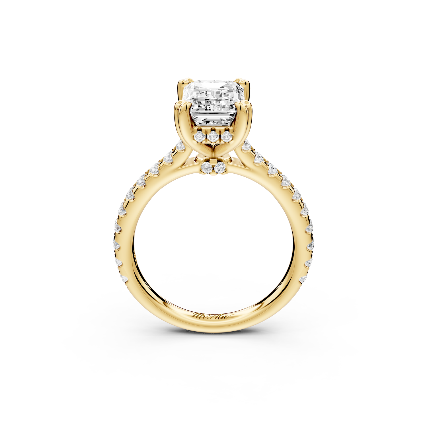 Isabella - 2ct 14k yellow gold emerald hidden halo diamond bridge cathedral Pavé Engagement ring
