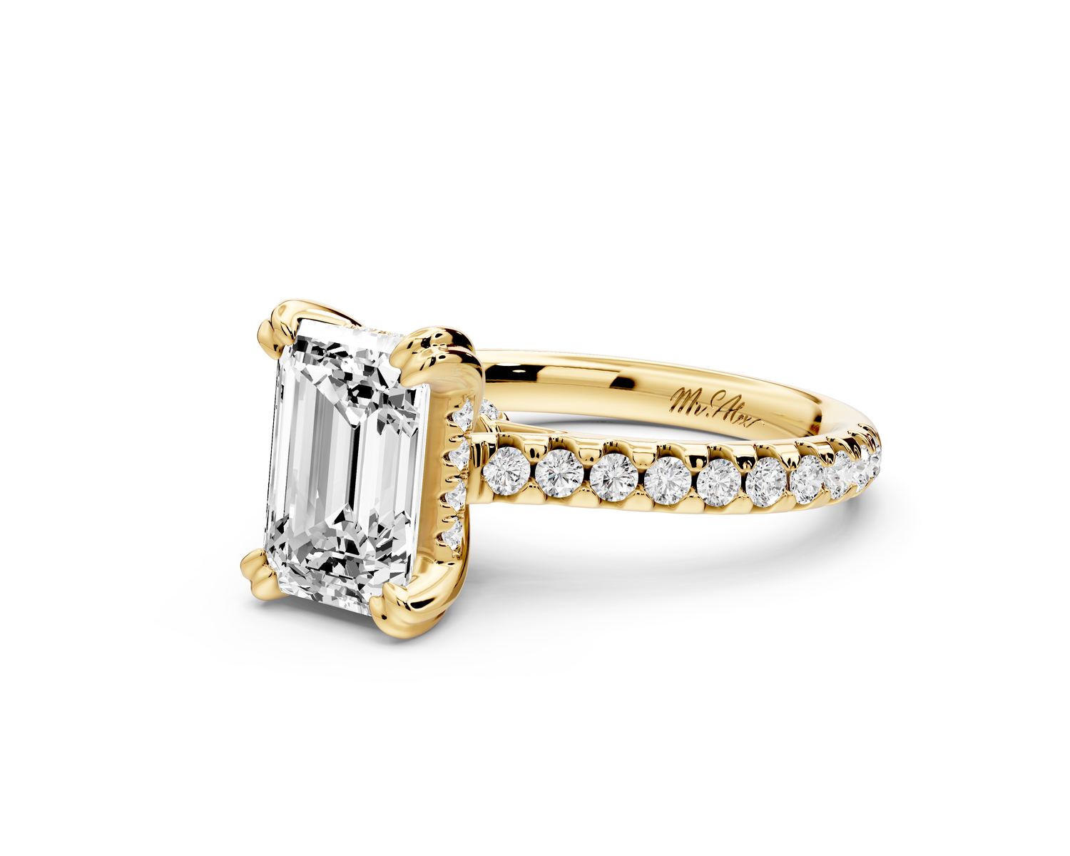 Isabella - 2ct 14k yellow gold emerald hidden halo diamond bridge cathedral Pavé Engagement ring