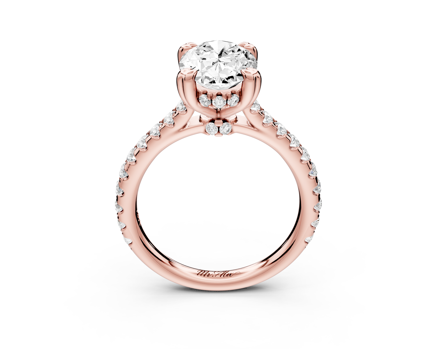 Isabella - 2ct 14k rose gold oval hidden halo diamond bridge cathedral Pavé Engagement ring