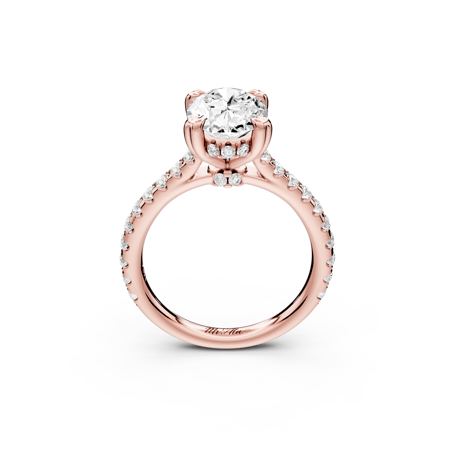 Isabella - 2ct 14k rose gold oval hidden halo diamond bridge cathedral Pavé Engagement ring