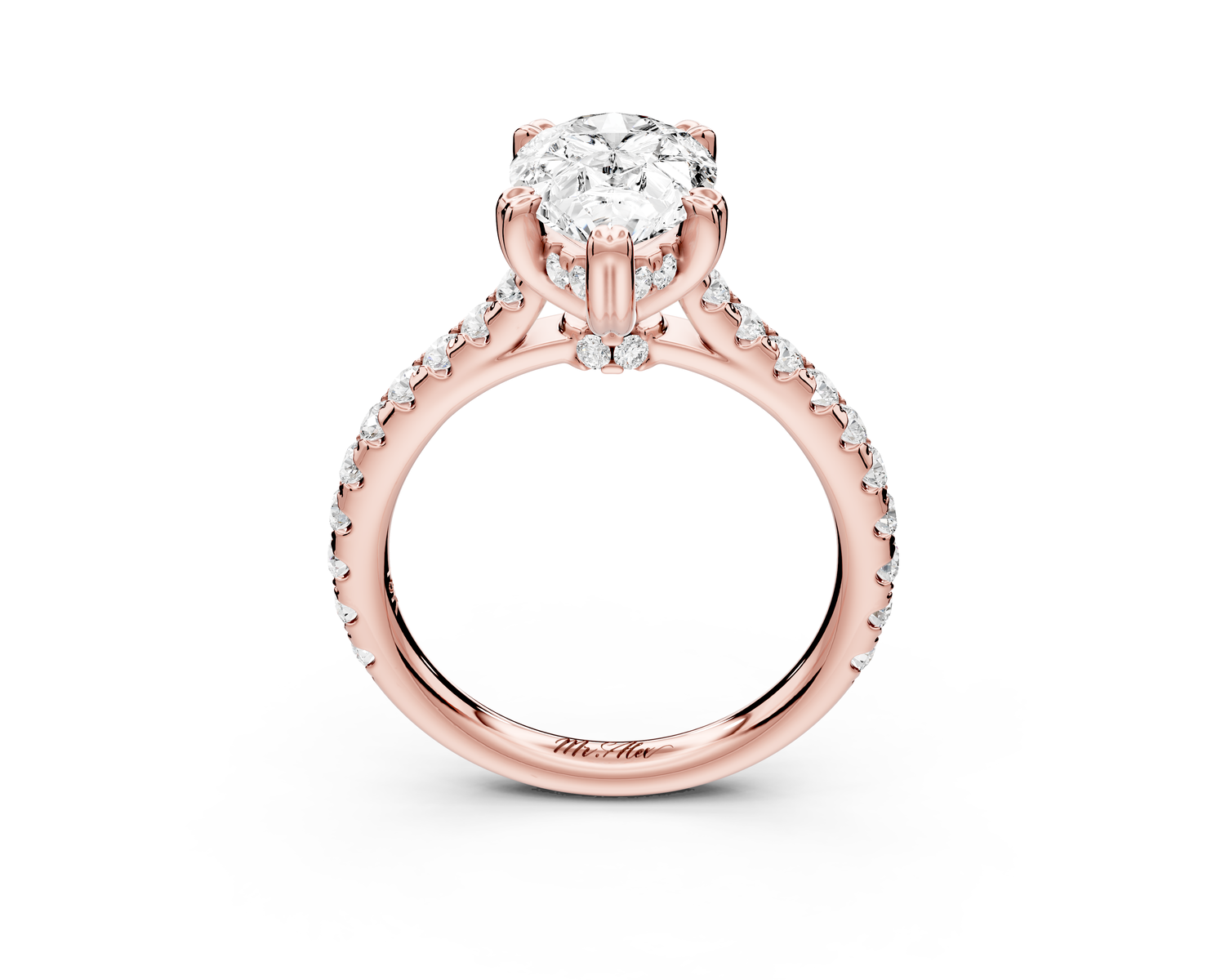 Isabella - 2ct 14k rose gold pear hidden halo diamond bridge cathedral Pavé Engagement ring