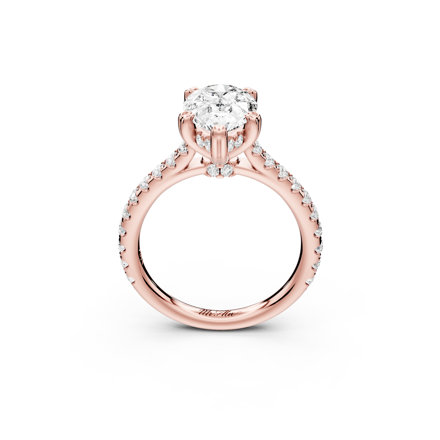Isabella - 2ct 14k rose gold pear hidden halo diamond bridge cathedral Pavé Engagement ring