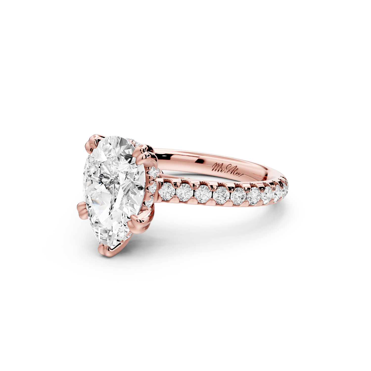 Isabella - 2ct 14k rose gold pear hidden halo diamond bridge cathedral Pavé Engagement ring