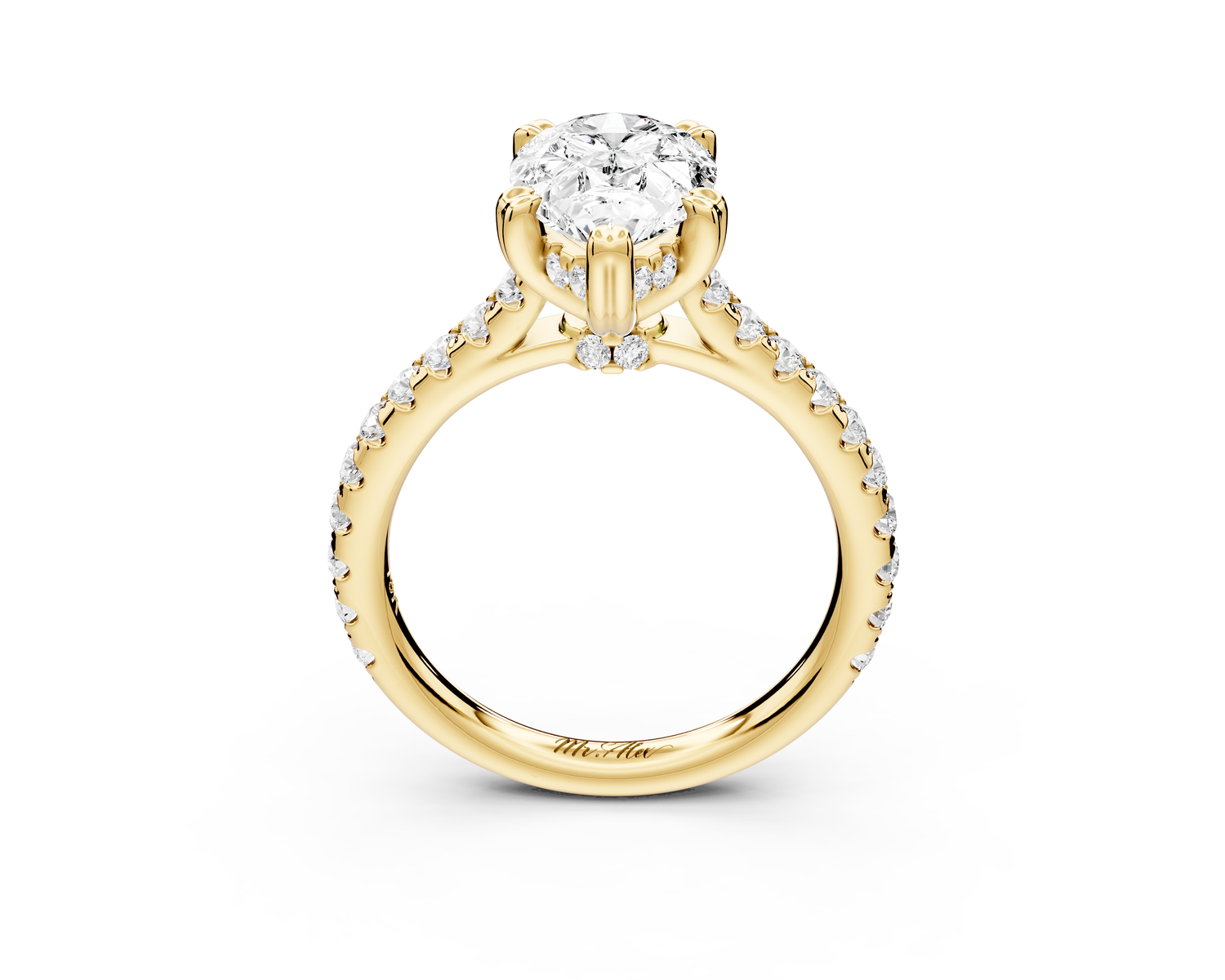 Isabella - 2ct 14k yellow gold pear hidden halo diamond bridge cathedral Pavé Engagement ring