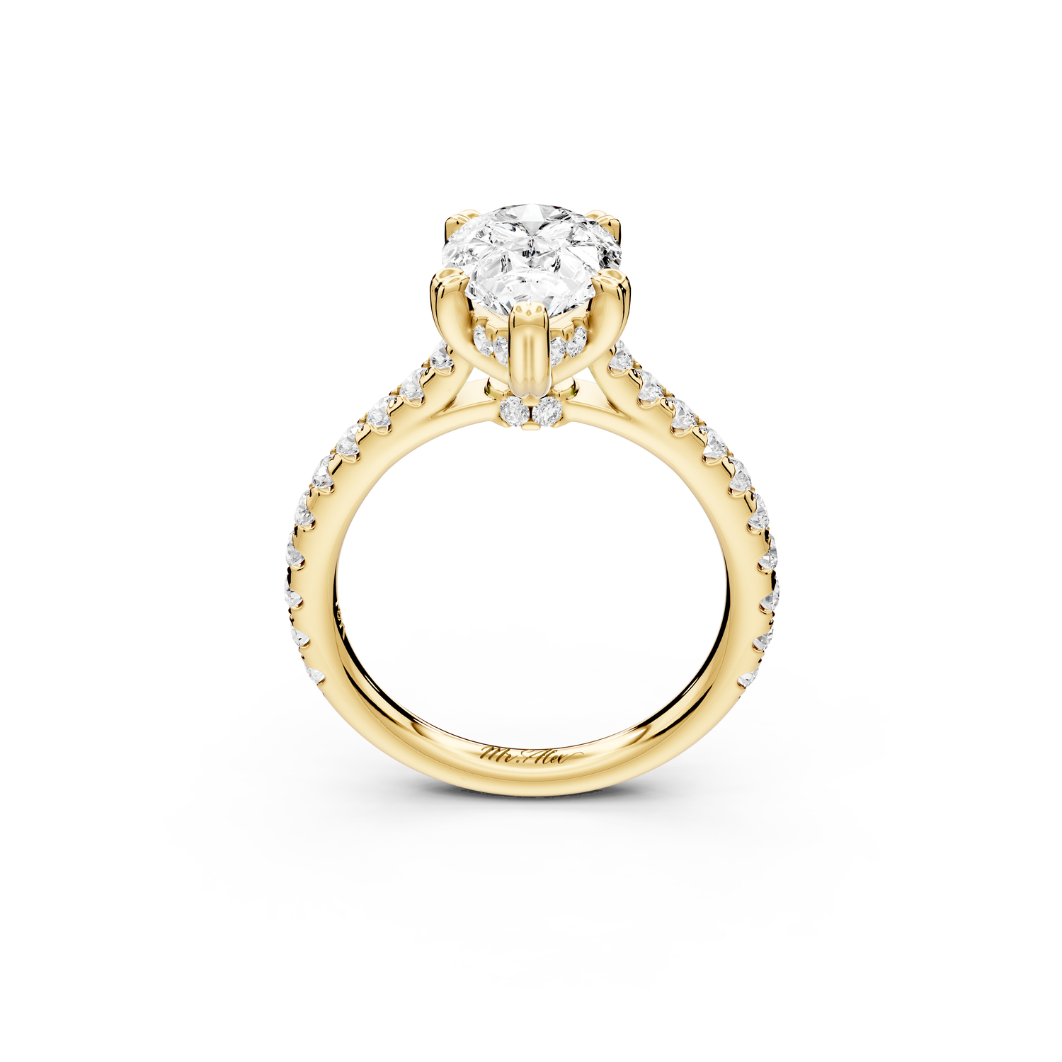Isabella - 2ct 14k yellow gold pear hidden halo diamond bridge cathedral Pavé Engagement ring