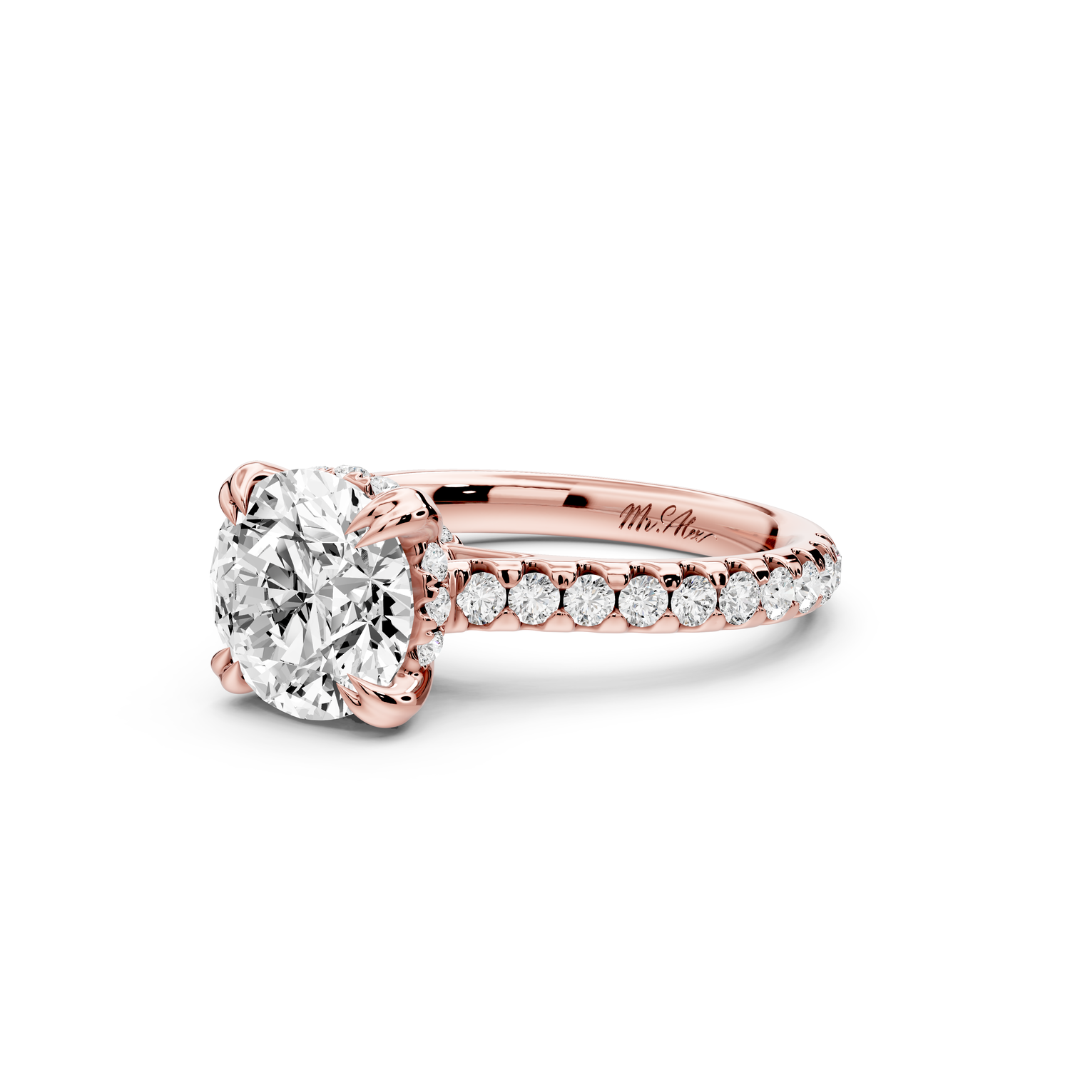 Isabella - 2ct 14k rose gold round hidden halo diamond bridge cathedral Pavé engagment ring