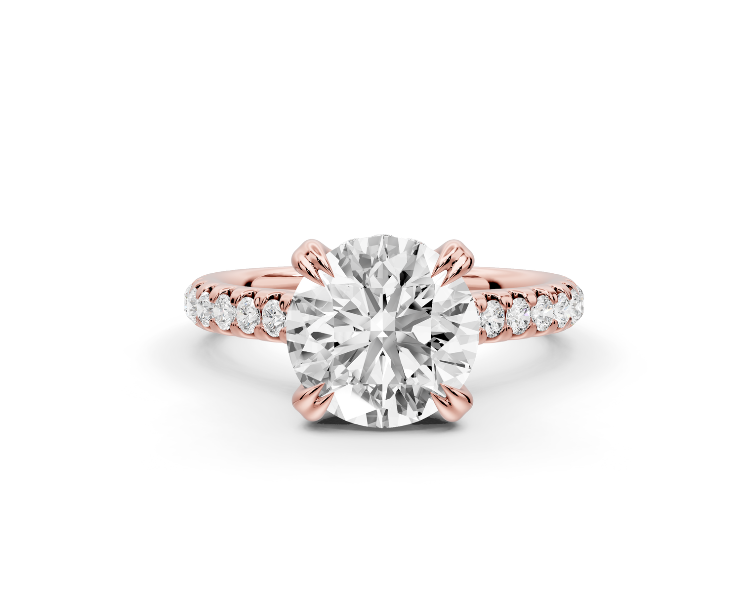 Isabella - 2ct 14k rose gold round hidden halo diamond bridge cathedral Pavé engagment ring