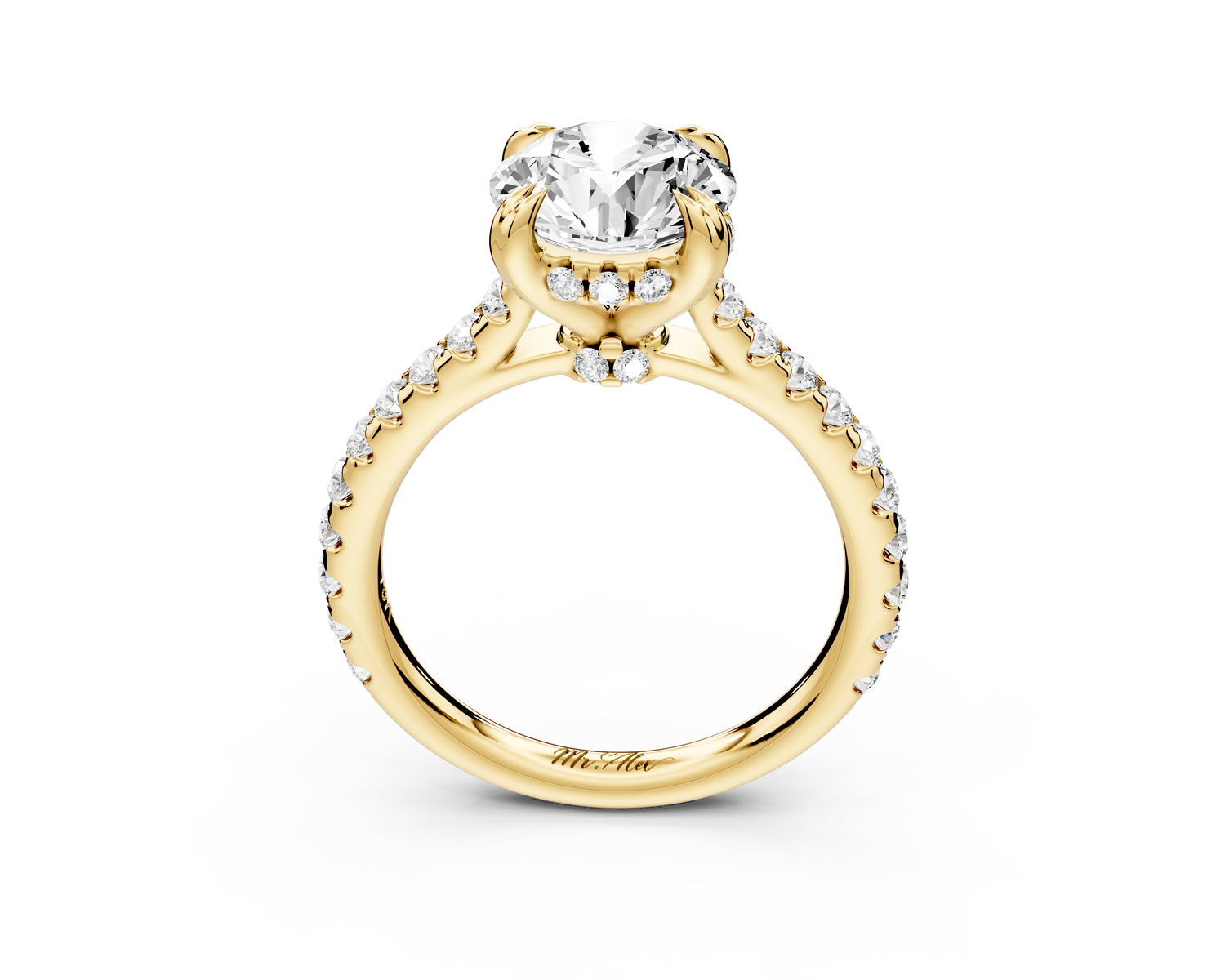 Isabella - 2ct 14k yellow gold round hidden halo diamond bridge cathedral Pavé engagment ring