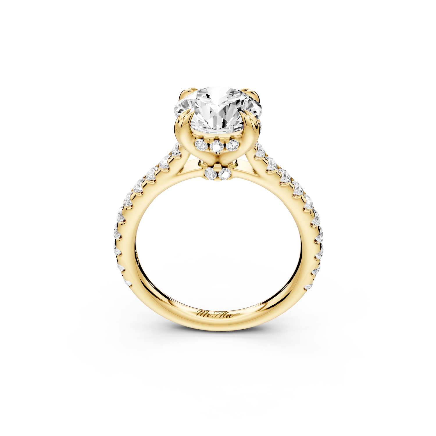 Isabella - 2ct 14k yellow gold round hidden halo diamond bridge cathedral Pavé engagment ring