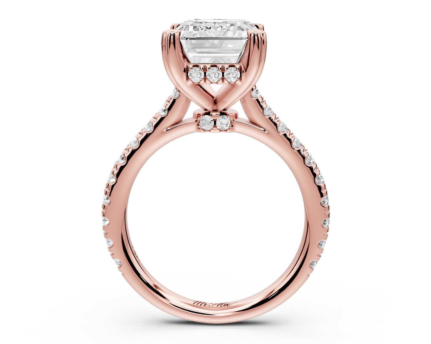 Isabella - 3ct 14k rose gold emerald hidden halo diamond bridge cathedral Pavé Engagement ring