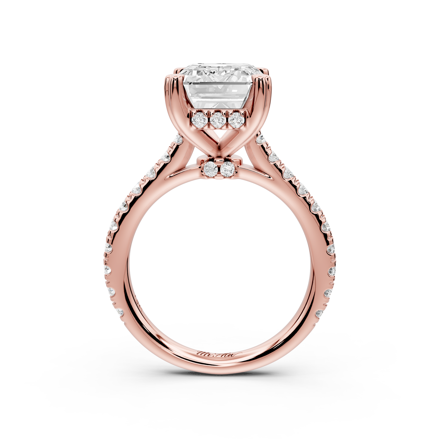 Isabella - 3ct 14k rose gold emerald hidden halo diamond bridge cathedral Pavé Engagement ring