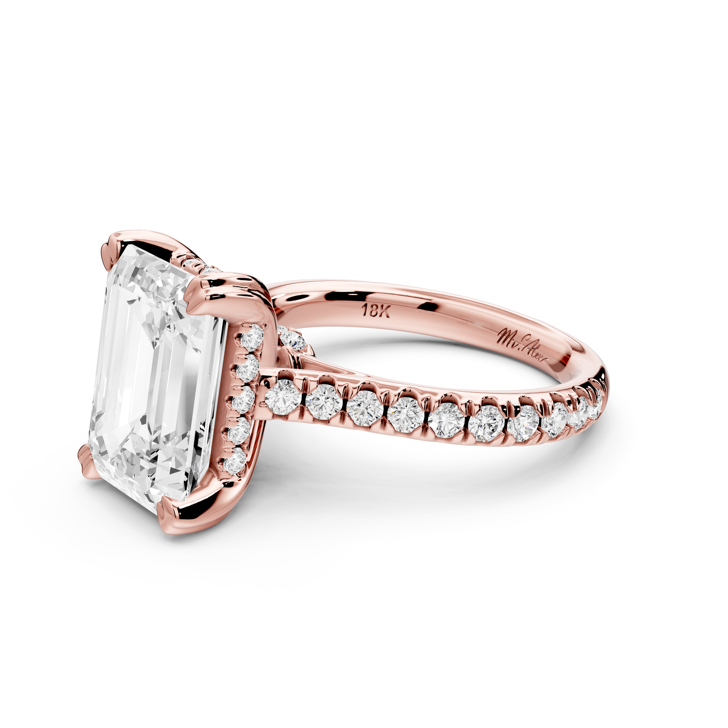 Isabella - 3ct 14k rose gold emerald hidden halo diamond bridge cathedral Pavé Engagement ring