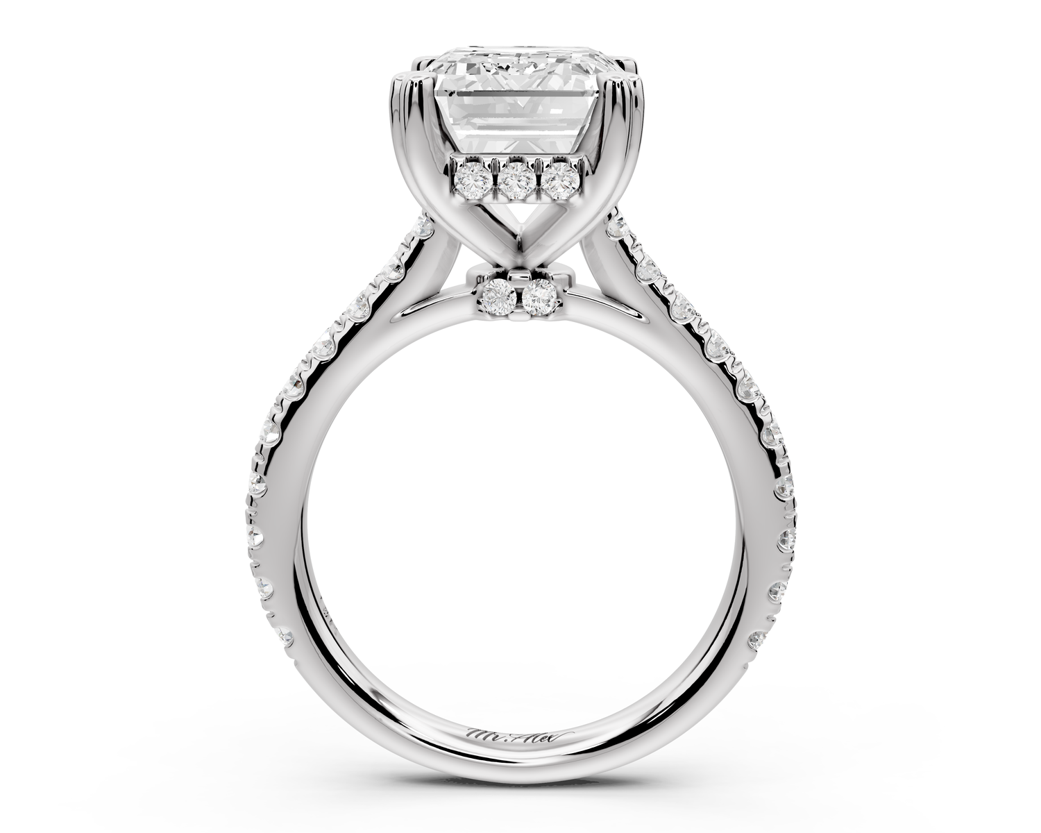 Isabella - 3ct 14k white gold emerald hidden halo diamond bridge cathedral Pavé Engagement ring