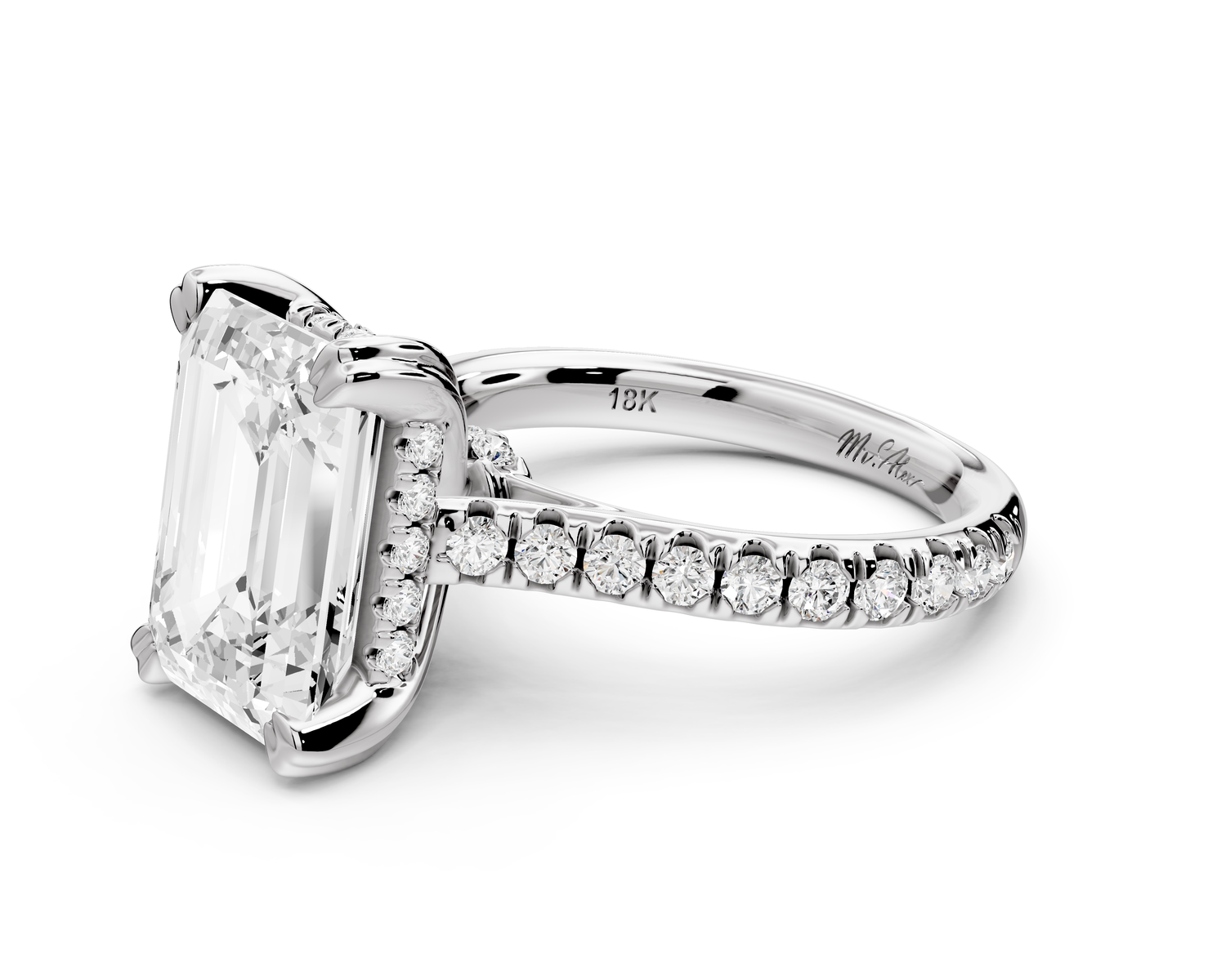 Isabella - 3ct 14k white gold emerald hidden halo diamond bridge cathedral Pavé Engagement ring