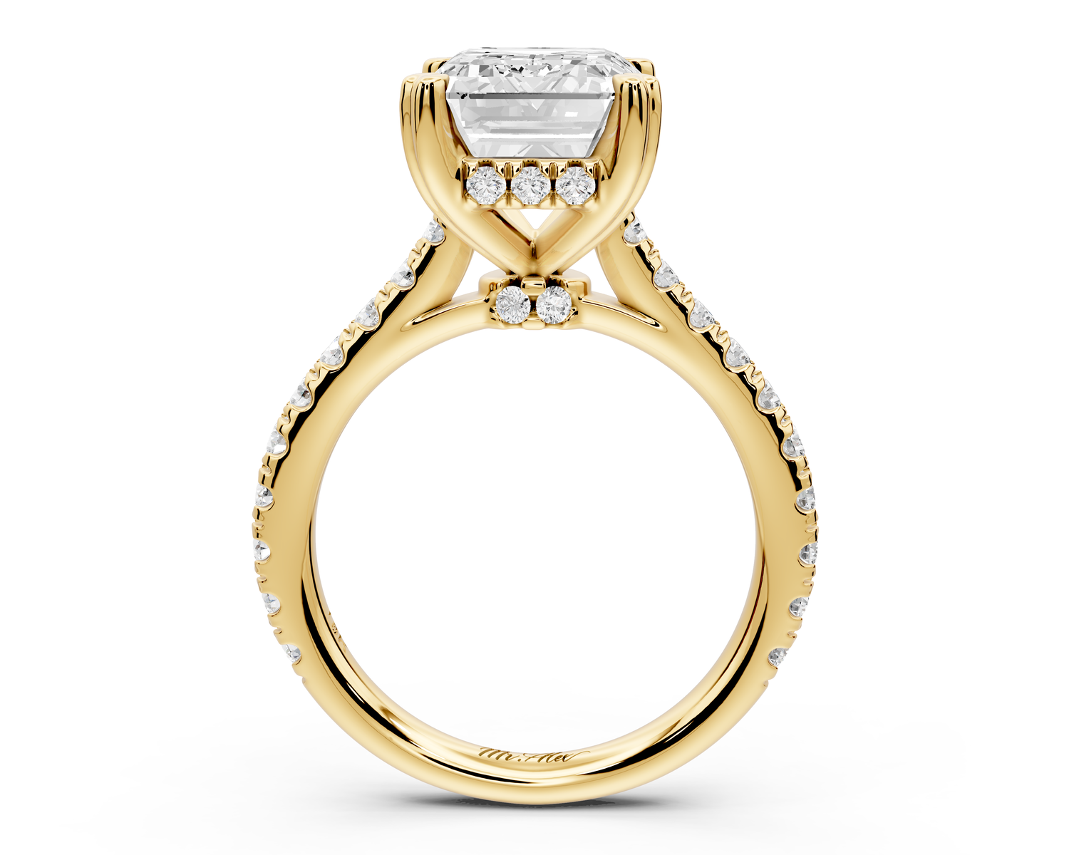 Isabella - 3ct 14k yellow gold emerald hidden halo diamond bridge cathedral Pavé Engagement ring