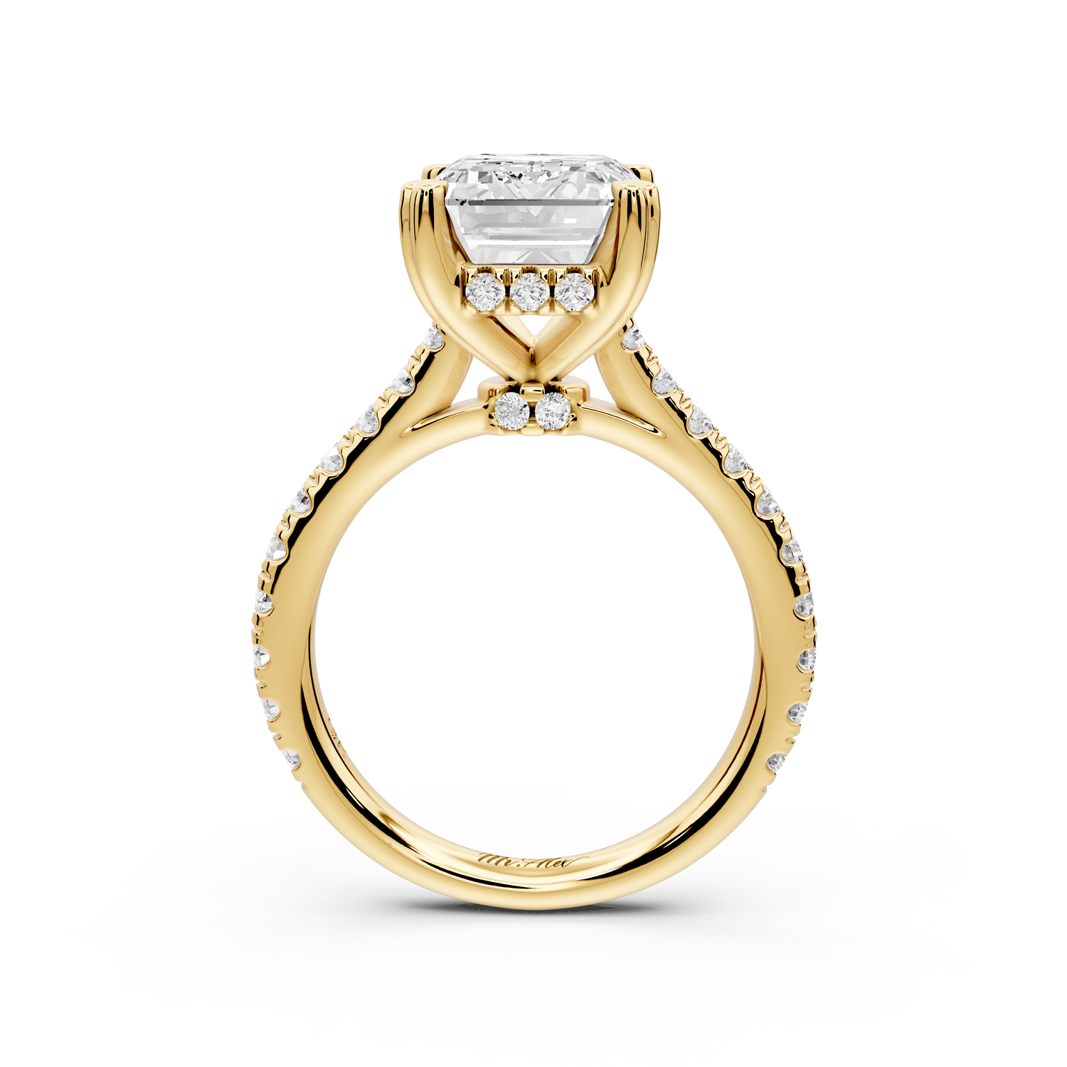 Isabella - 3ct 14k yellow gold emerald hidden halo diamond bridge cathedral Pavé Engagement ring