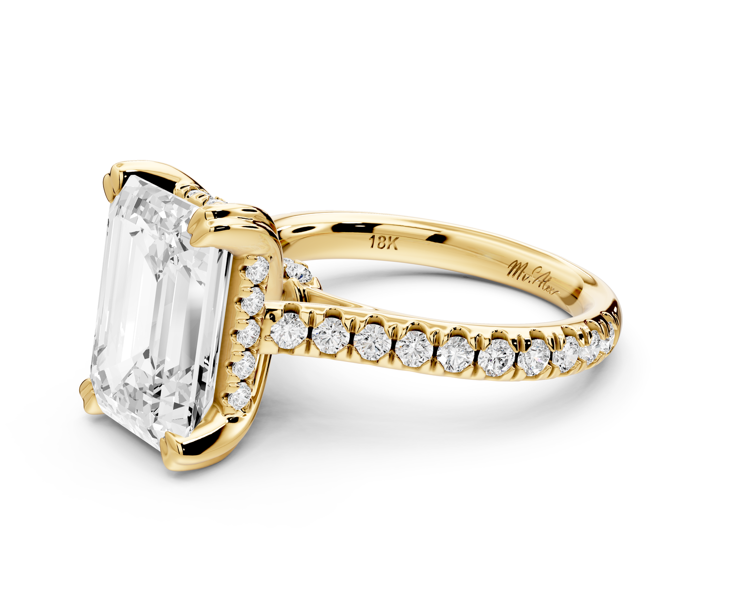 Isabella - 3ct 14k yellow gold emerald hidden halo diamond bridge cathedral Pavé Engagement ring