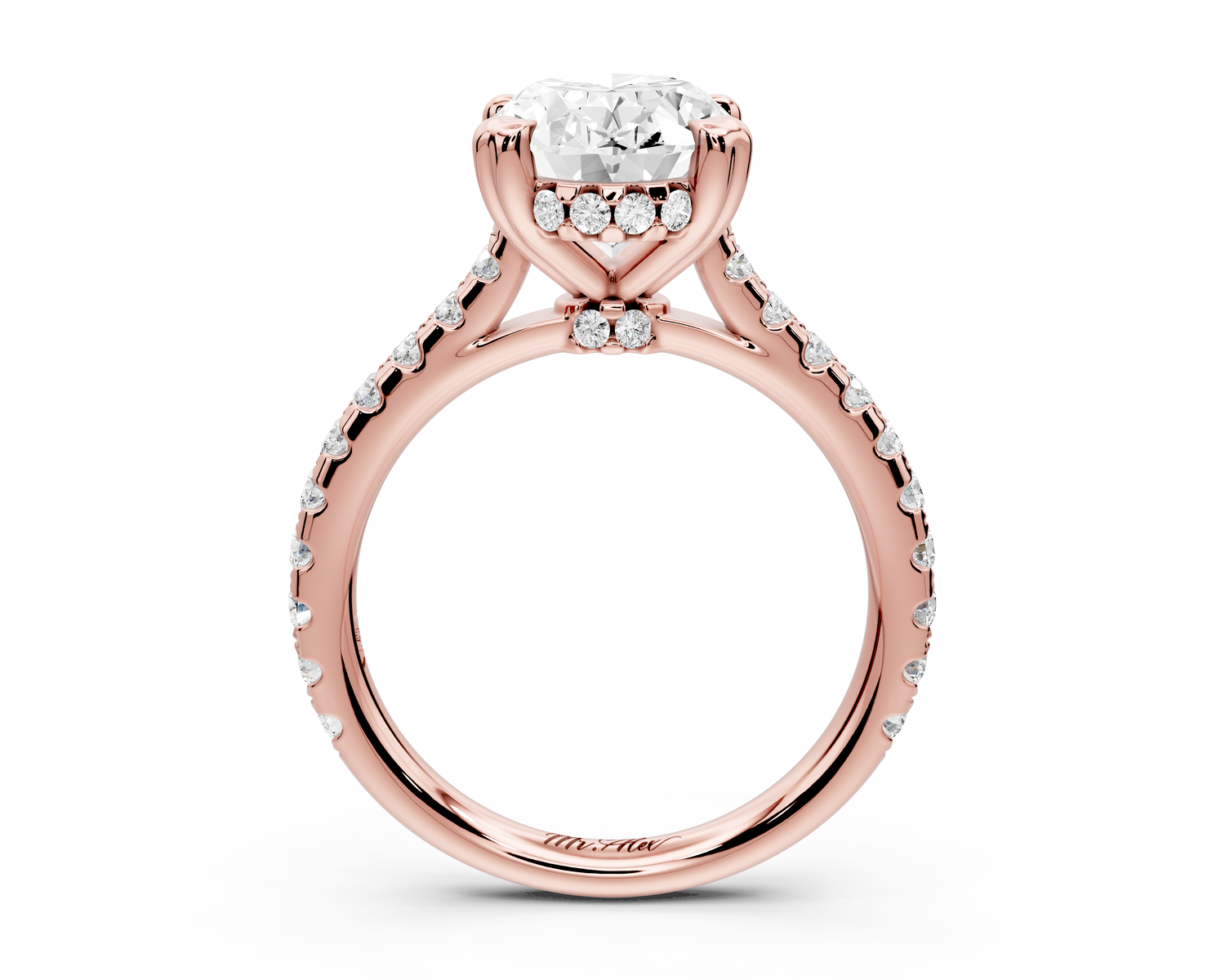 Isabella - 3ct 14k rose gold oval hidden halo diamond bridge cathedral Pavé Engagement ring