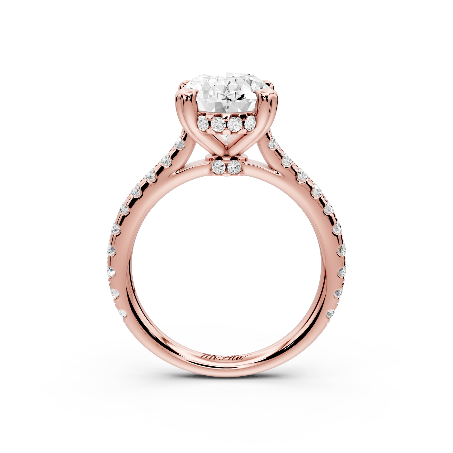 Isabella - 3ct 14k rose gold oval hidden halo diamond bridge cathedral Pavé Engagement ring