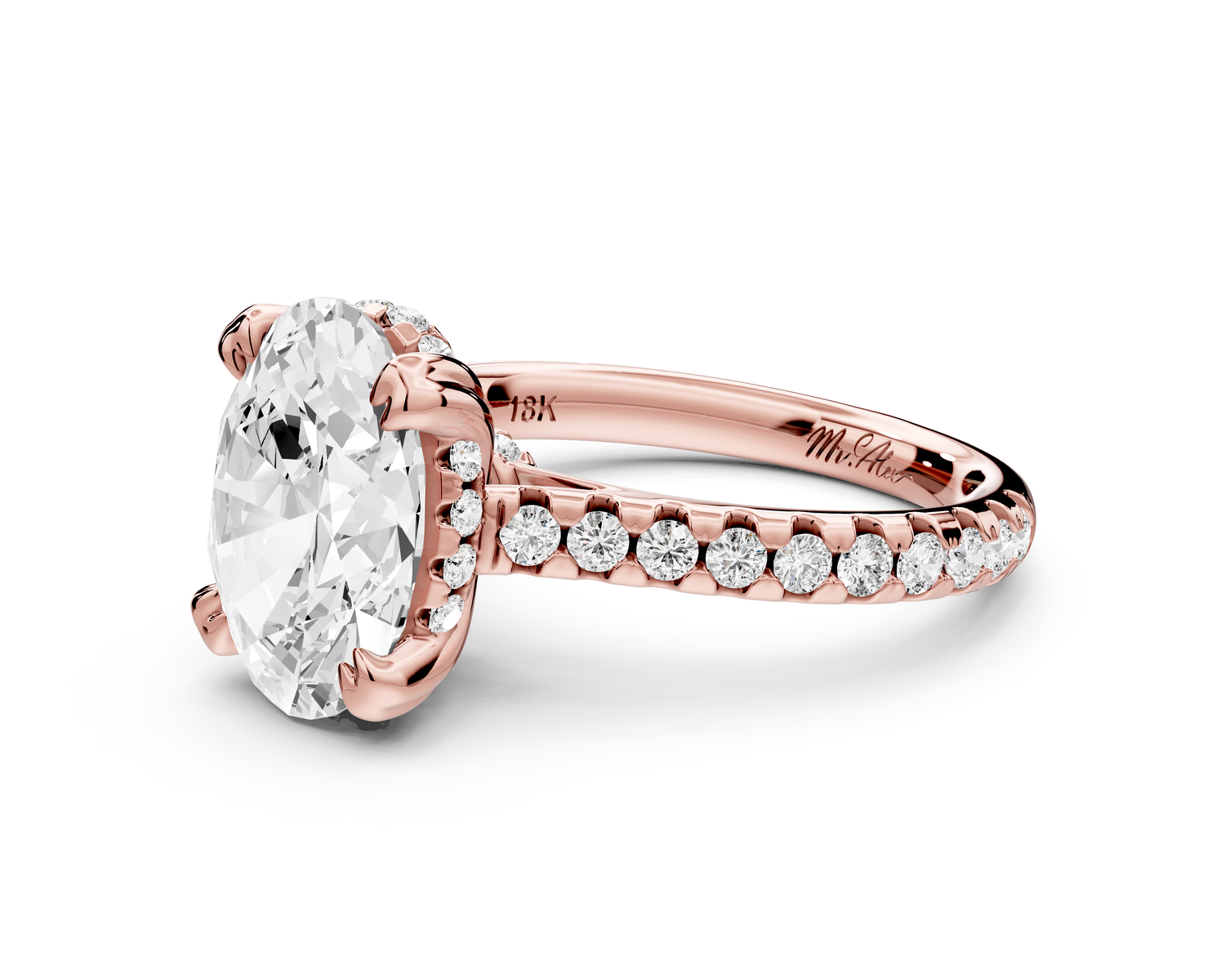 Isabella - 3ct 14k rose gold oval hidden halo diamond bridge cathedral Pavé Engagement ring