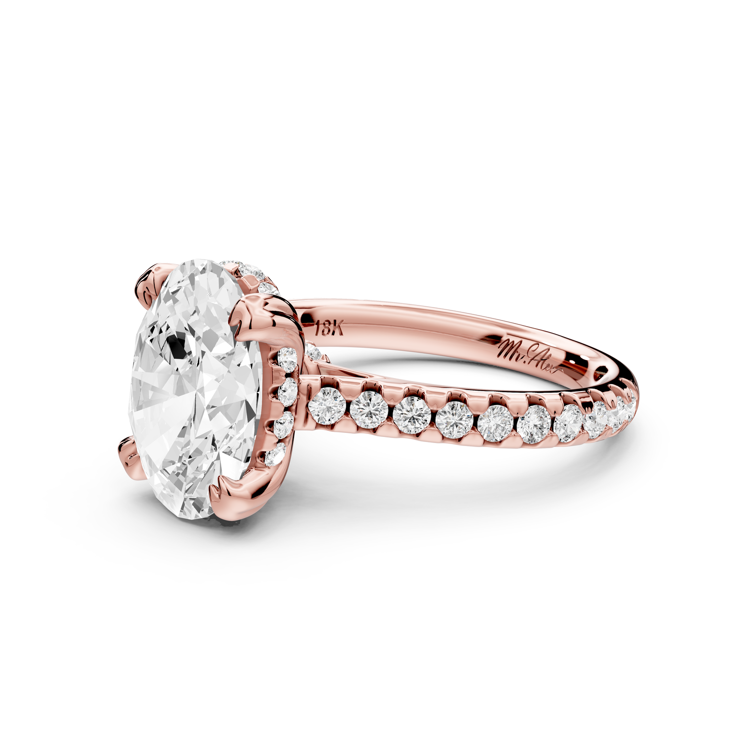 Isabella - 3ct 14k rose gold oval hidden halo diamond bridge cathedral Pavé Engagement ring