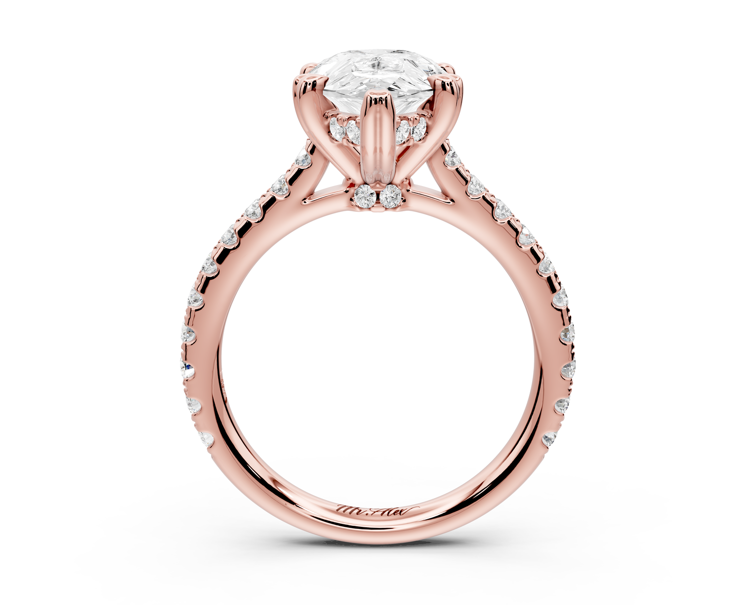 Isabella - 3ct 14k rose gold pear hidden halo diamond bridge cathedral Pavé Engagement ring